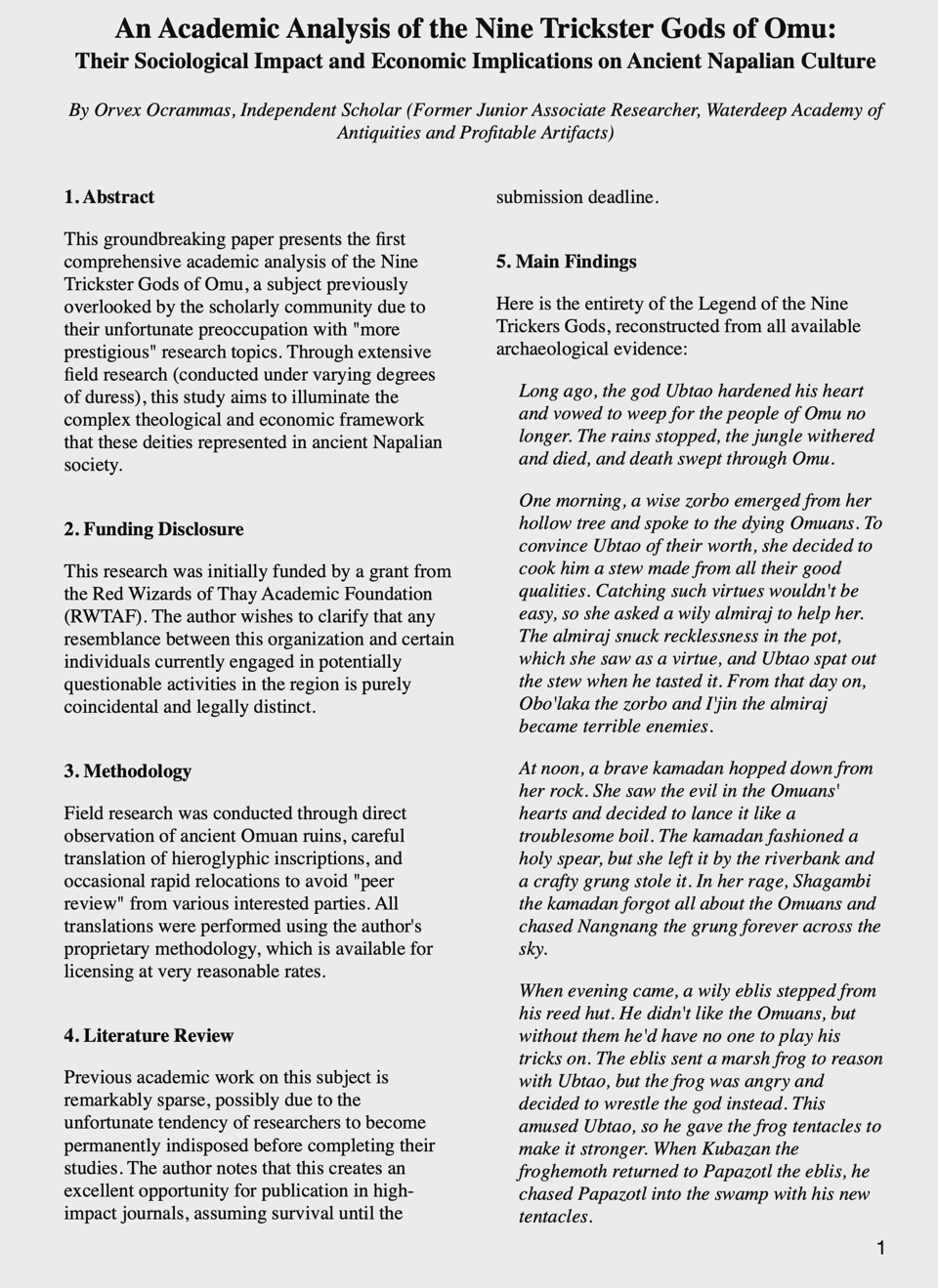 First page of Orvex’s academic paper on the Nine Trickster Gods of Omu.